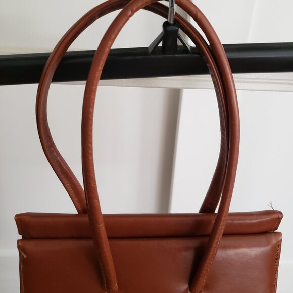 EUC petite stylish leather & vintage style handbag tan with bow - lined - Picture 8 of 9